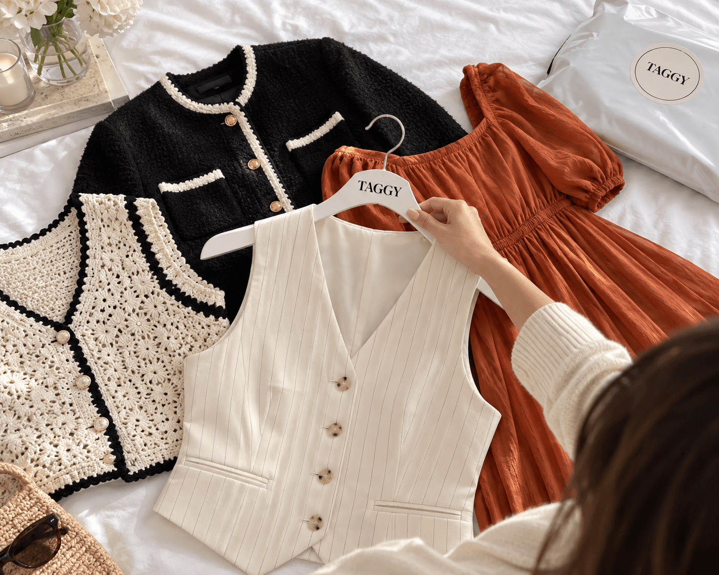 A white waistcoat, a rust dress and a black tweed jacket laid out for resale