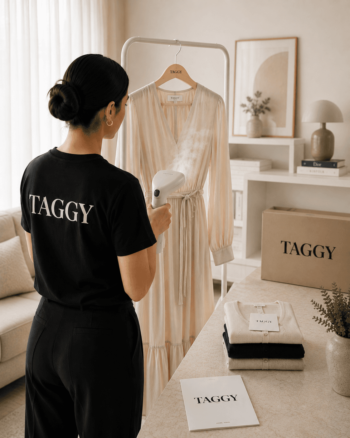 A Taggy team member steaming a dress for a listing