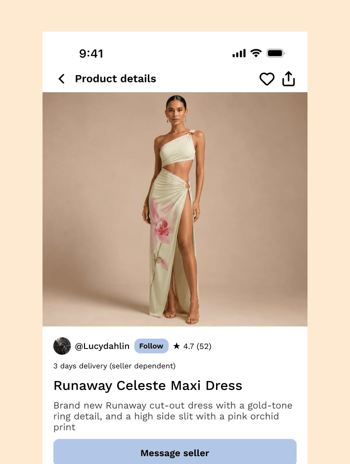 Taggy product details screen for a Runaway Celeste maxi dress