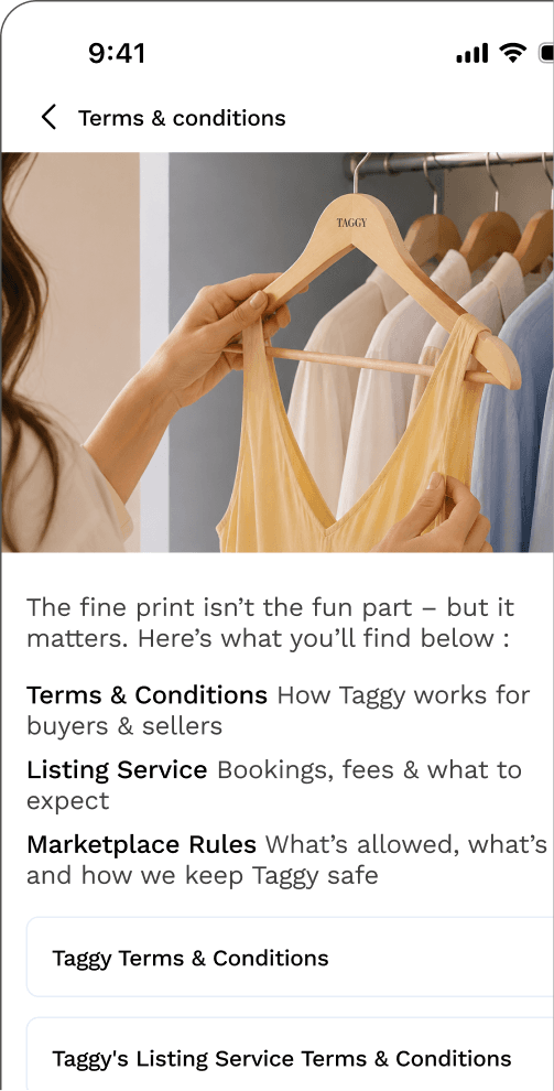Taggy terms and conditions screen