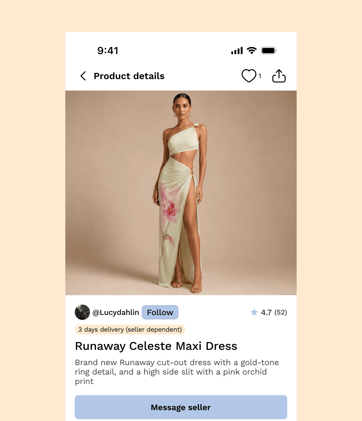 Taggy product details screen for a Runaway Celeste maxi dress